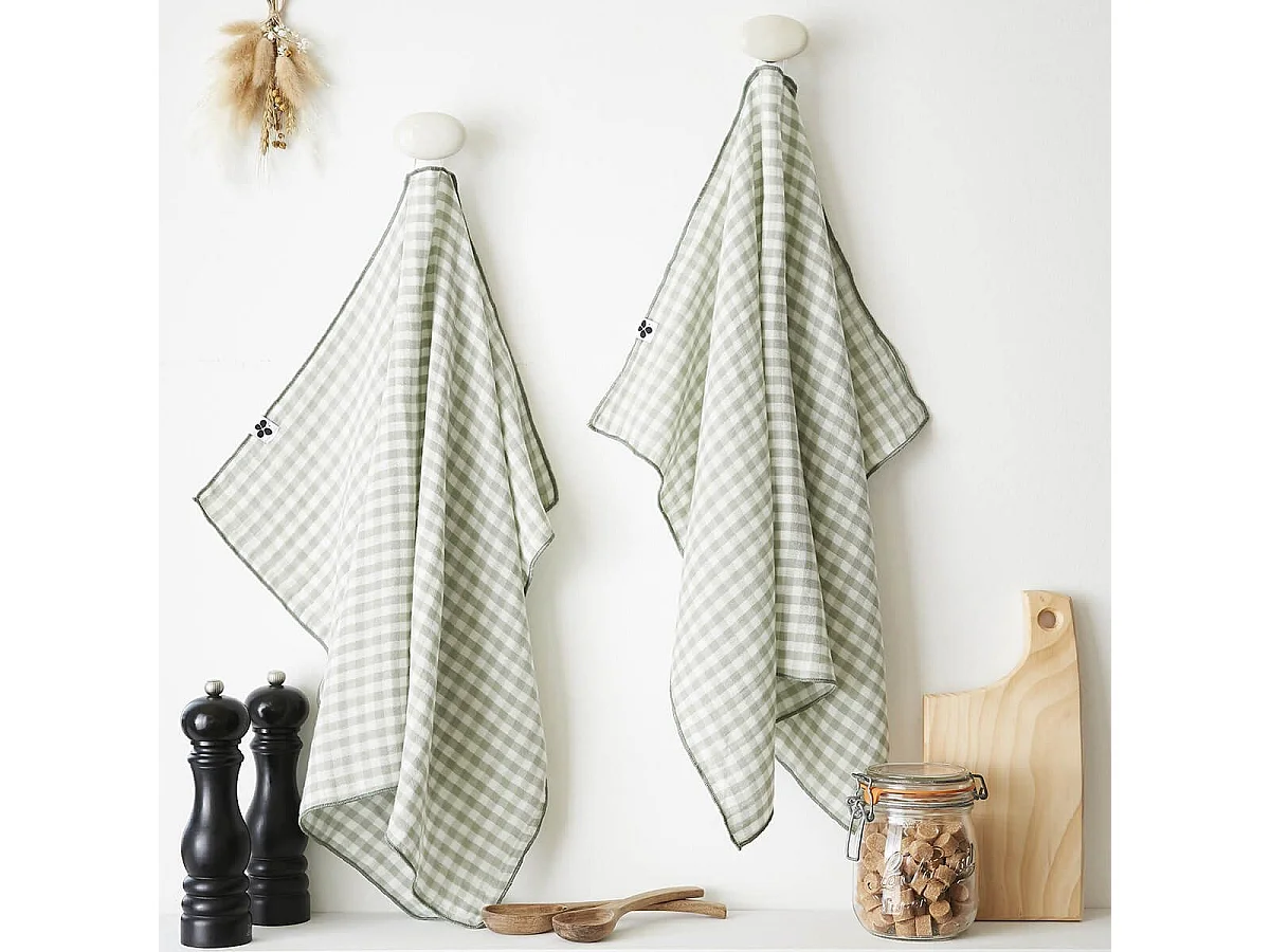 JOEL - Lot de 2 Essuie-mains 50x70cm Gaze de Coton Vichy Coloris Eucalyptus