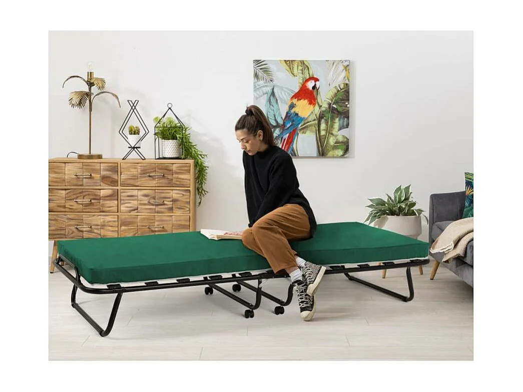 Cama plegable con ruedas, colchón y somier 80x180 Ares - Verde oscuro