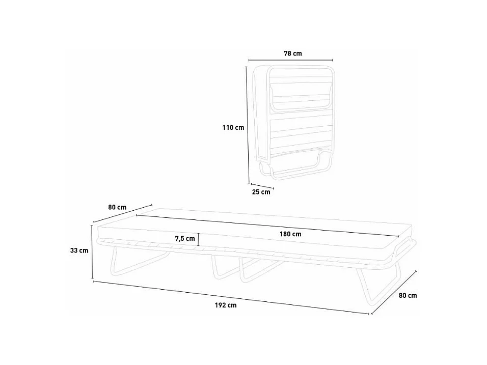 Lit pliant 80x180 avec matelas sommier à lattes et roulettes THERON