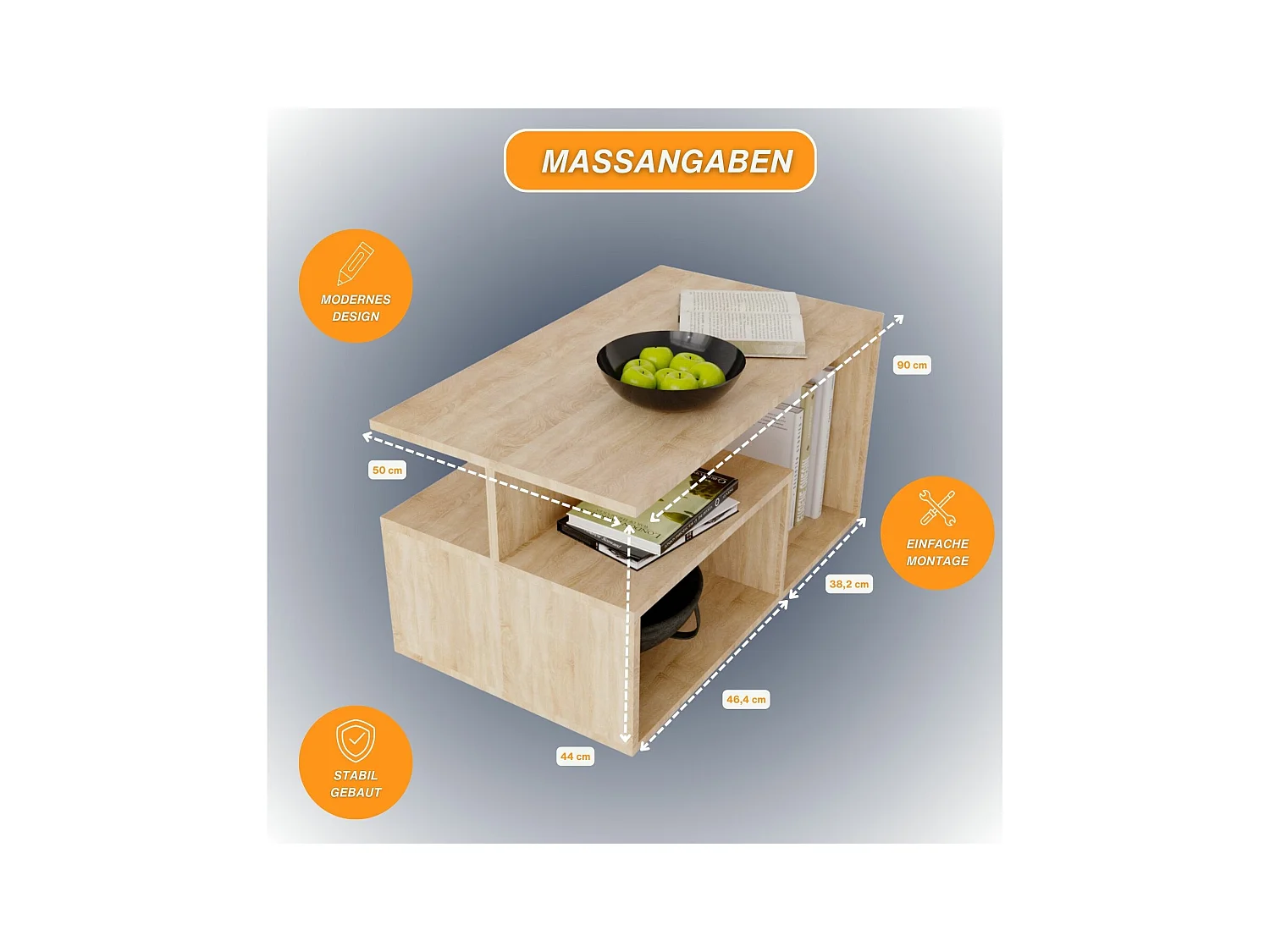 CraftPAK moderner & stabiler Couchtisch für Wohnzimmer aus Holzwerkstoff 44x50x90cm