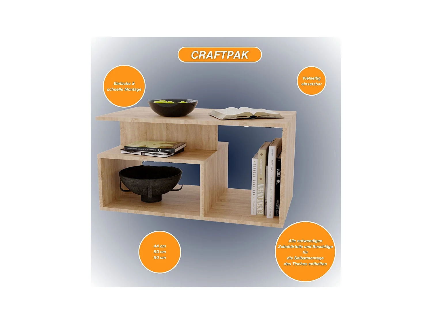 CraftPAK moderner & stabiler Couchtisch für Wohnzimmer aus Holzwerkstoff 44x50x90cm