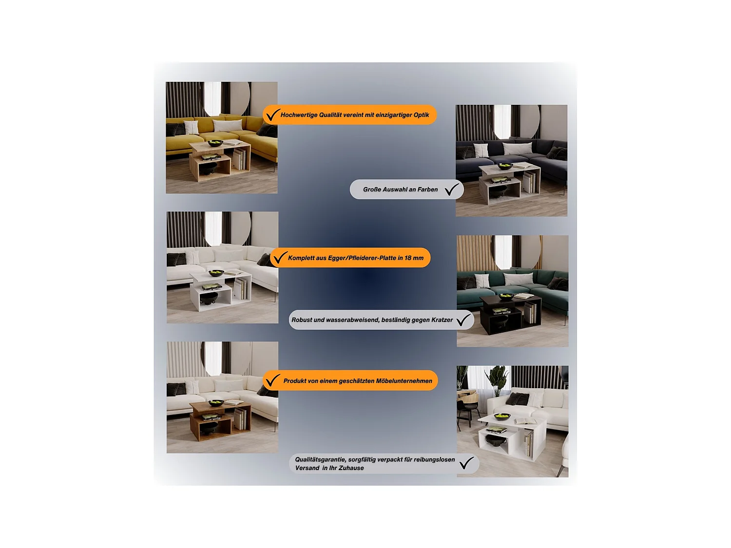 CraftPAK moderner & stabiler Couchtisch für Wohnzimmer aus Holzwerkstoff 44x50x90cm