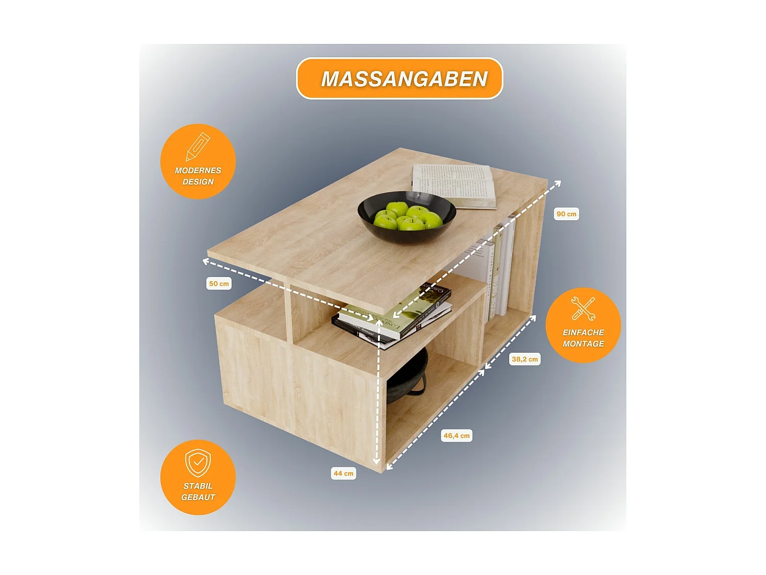 CraftPAK moderner & stabiler Couchtisch für Wohnzimmer aus Holzwerkstoff 44x50x90cm