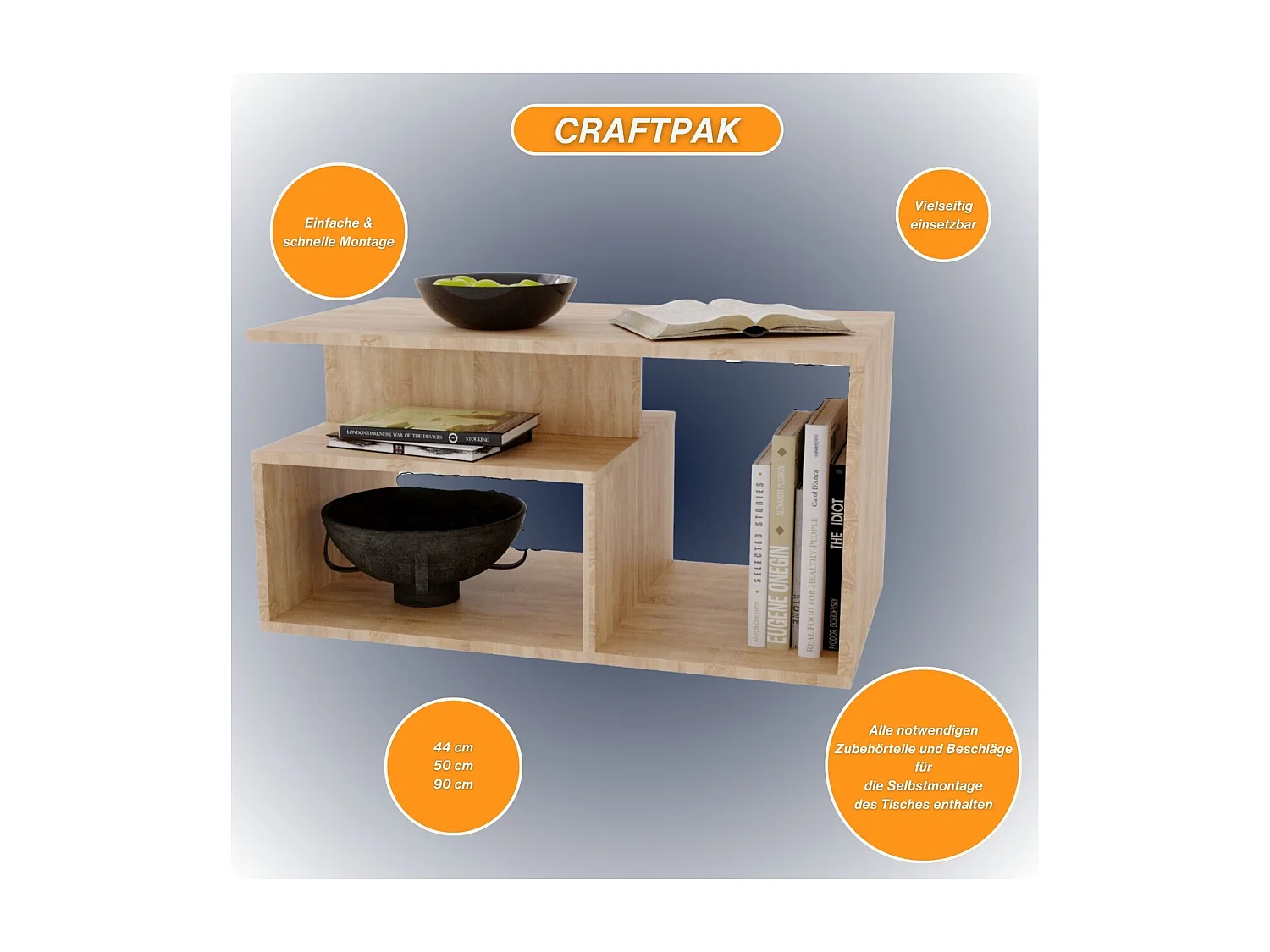 CraftPAK moderner & stabiler Couchtisch für Wohnzimmer aus Holzwerkstoff 44x50x90cm