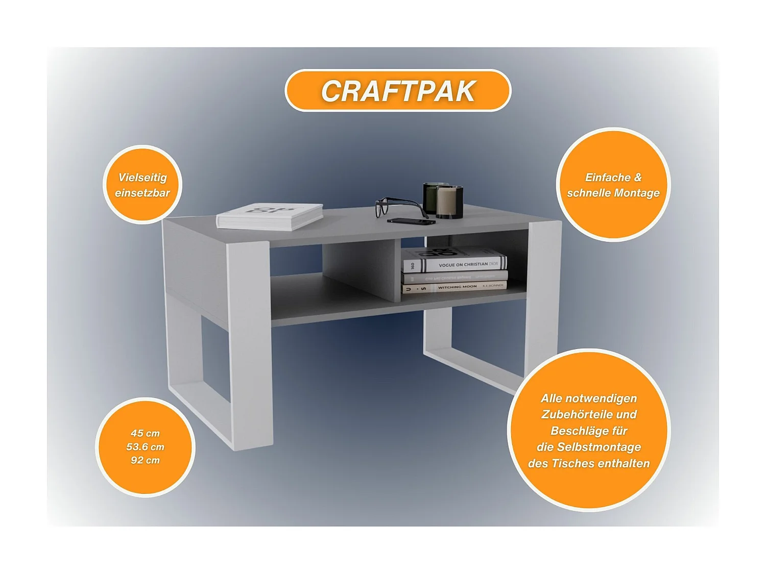CraftPAK moderner & stabiler Couchtisch für Wohnzimmer aus Holzwerkstoff 45x53,6x92cm
