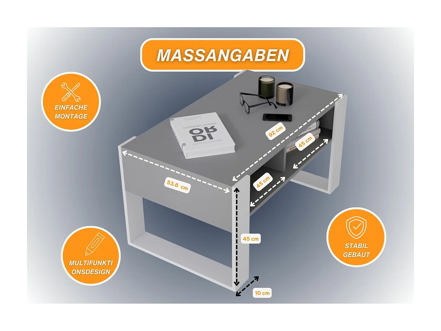 CraftPAK moderner & stabiler Couchtisch für Wohnzimmer aus Holzwerkstoff 45x53,6x92cm