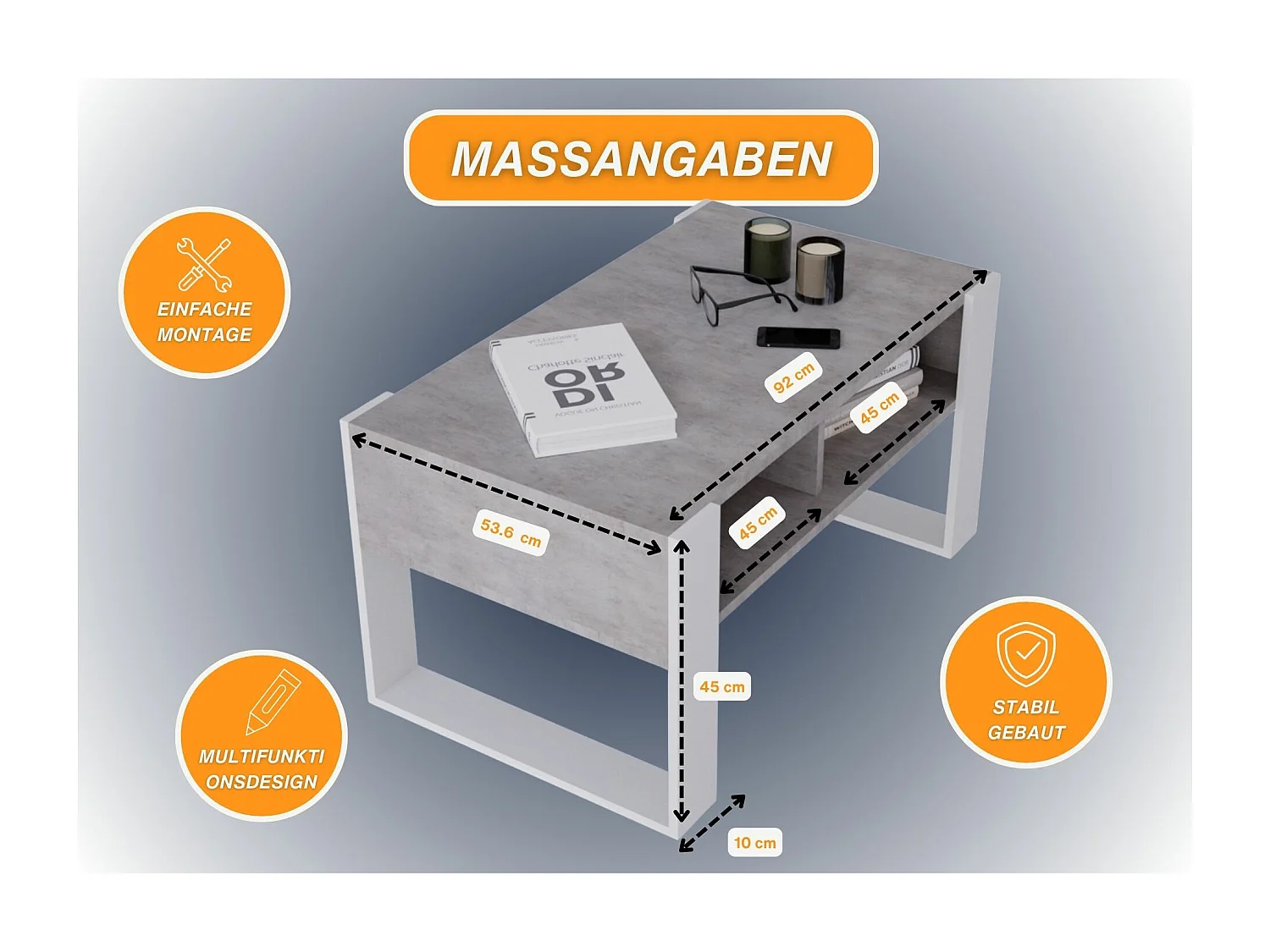CraftPAK moderner & stabiler Couchtisch für Wohnzimmer aus Holzwerkstoff 45x53,6x92cm