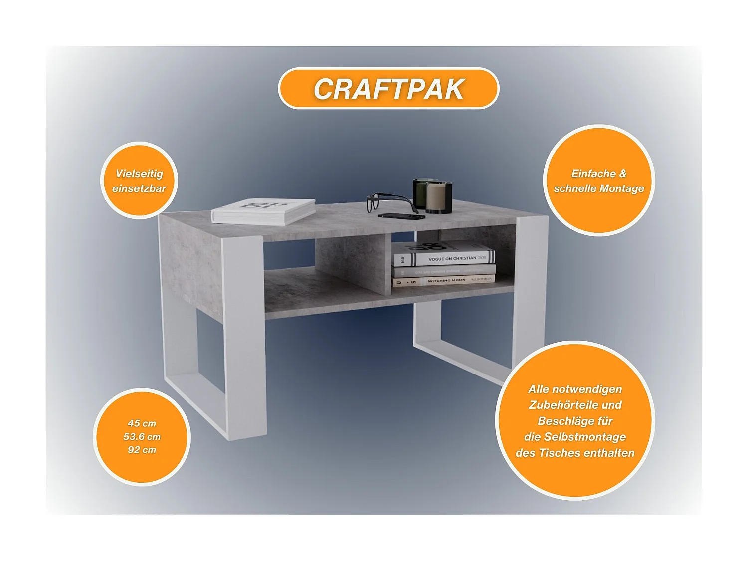 CraftPAK moderner & stabiler Couchtisch für Wohnzimmer aus Holzwerkstoff 45x53,6x92cm