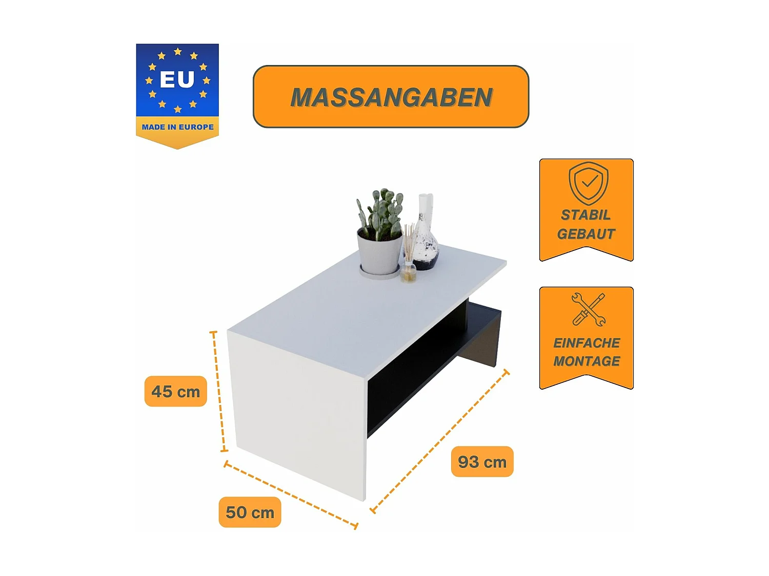 CraftPAK moderner & stabiler Couchtisch für Wohnzimmer aus Holzwerkstoff