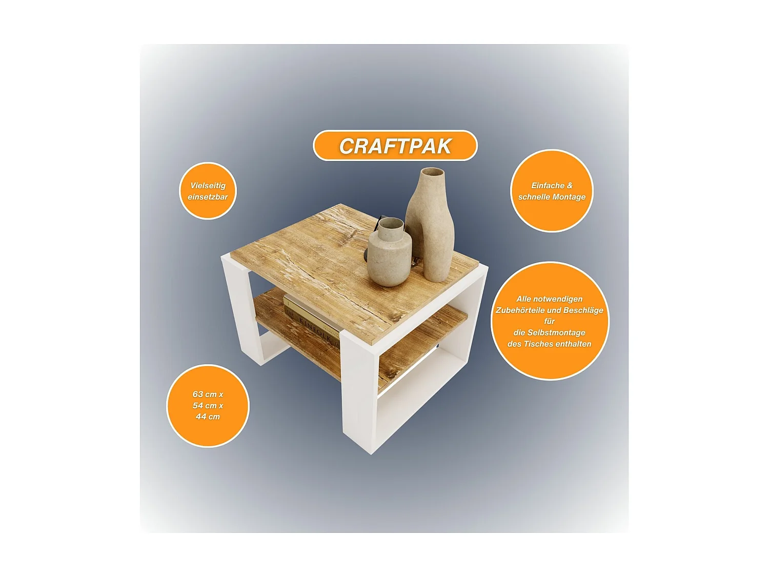 CraftPAK moderner & stabiler Couchtisch für Wohnzimmer aus Holzwerkstoff 44x54x63cm