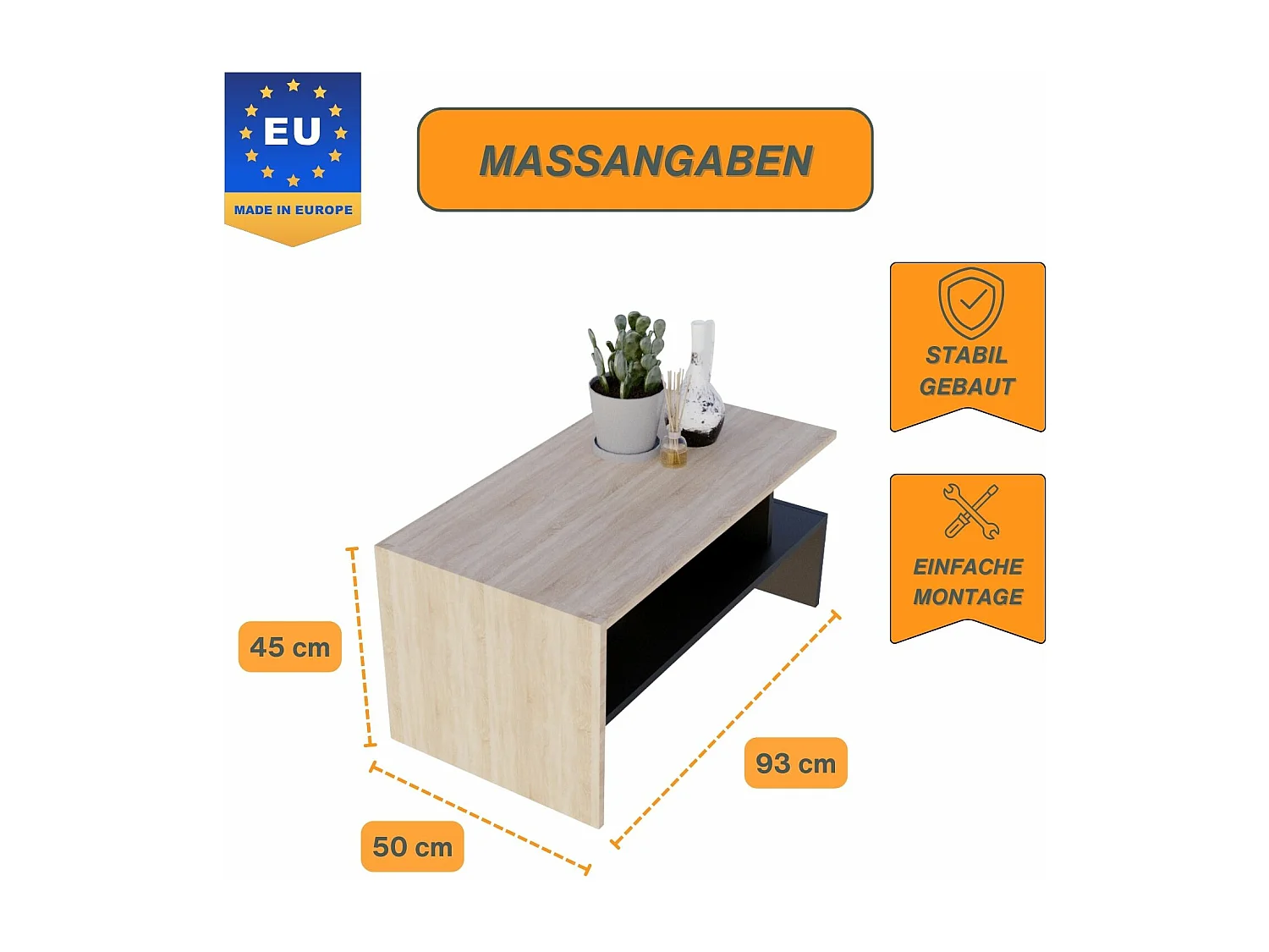 CraftPAK moderner & stabiler Couchtisch für Wohnzimmer aus Holzwerkstoff