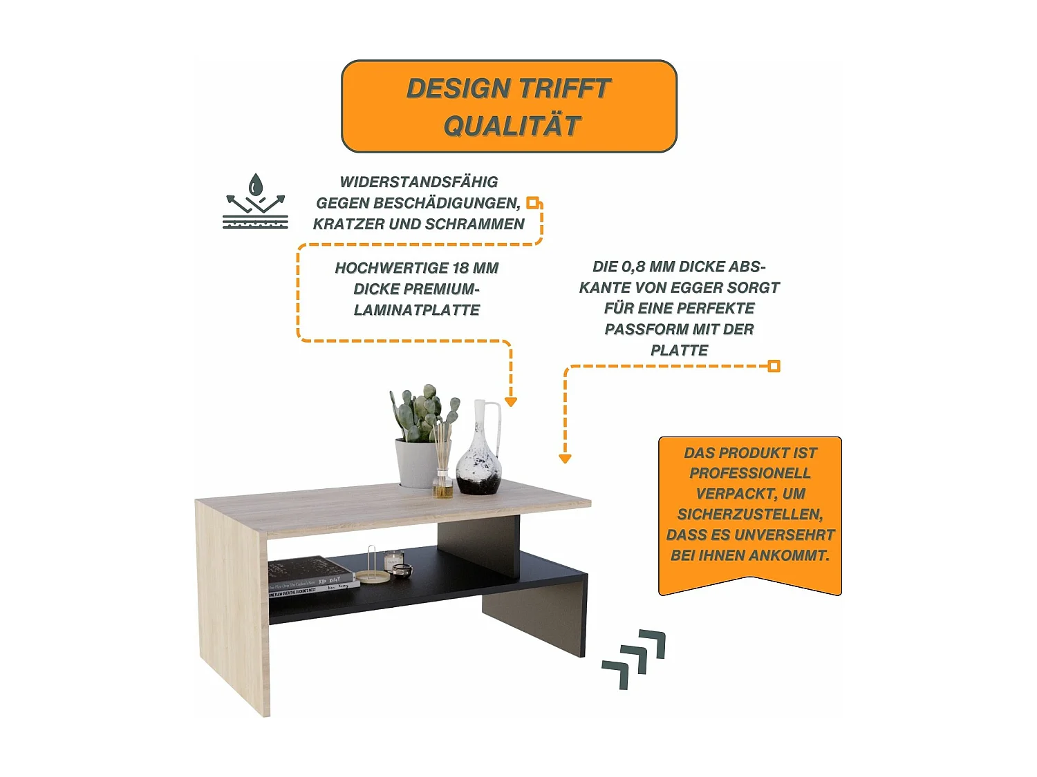 CraftPAK moderner & stabiler Couchtisch für Wohnzimmer aus Holzwerkstoff