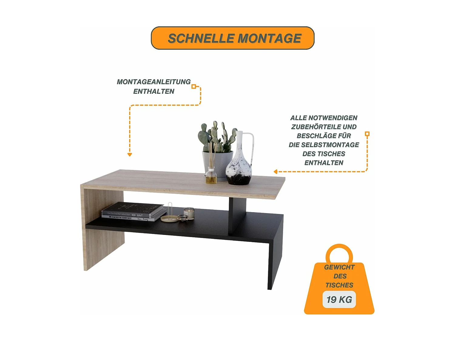 CraftPAK moderner & stabiler Couchtisch für Wohnzimmer aus Holzwerkstoff
