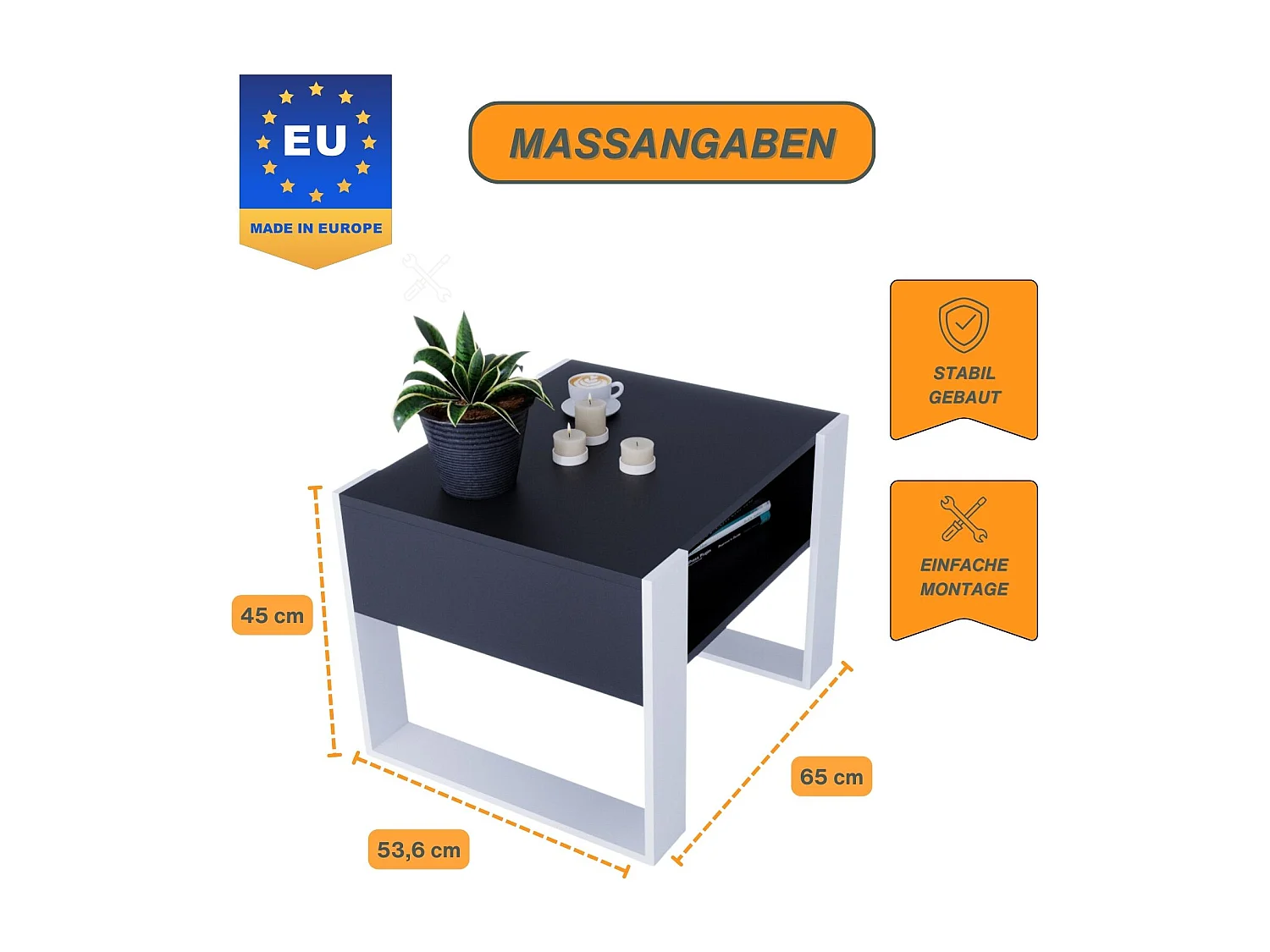 CraftPAK moderner & stabiler Couchtisch für Wohnzimmer aus Holzwerkstoff 45x53,6x65cm
