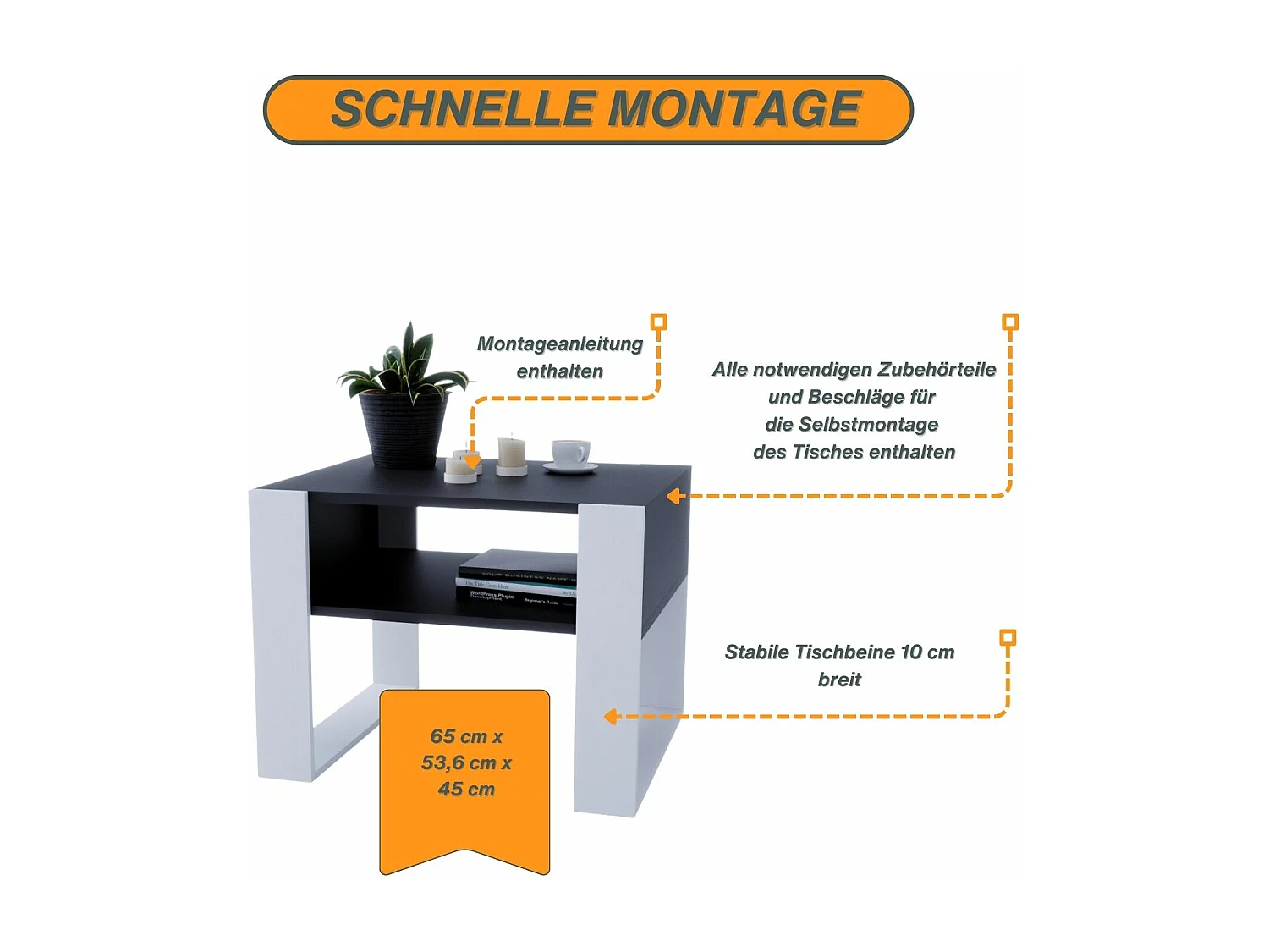 CraftPAK moderner & stabiler Couchtisch für Wohnzimmer aus Holzwerkstoff 45x53,6x65cm