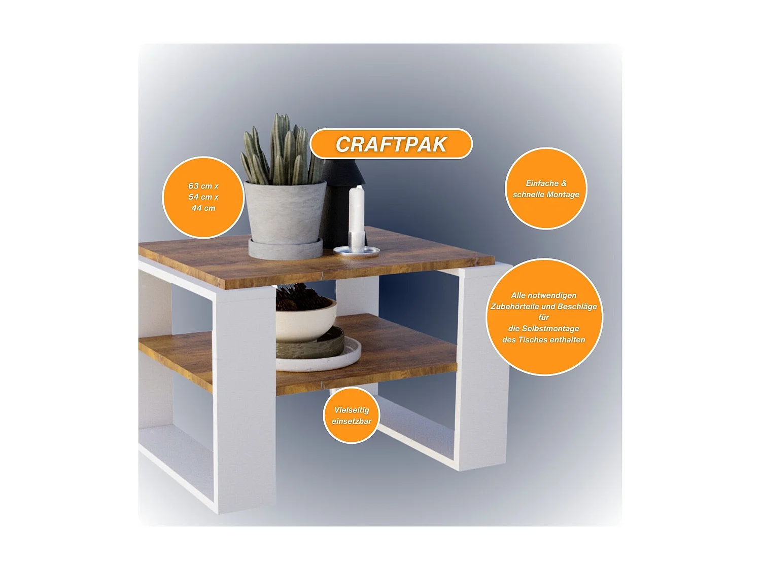 CraftPAK moderner & stabiler Couchtisch für Wohnzimmer aus Holzwerkstoff 44x54x63cm