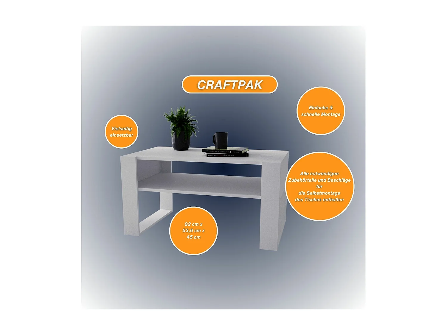 CraftPAK moderner & stabiler  Couchtisch für Wohnzimmer aus Holzwerkstoff 45x53,6x92cm