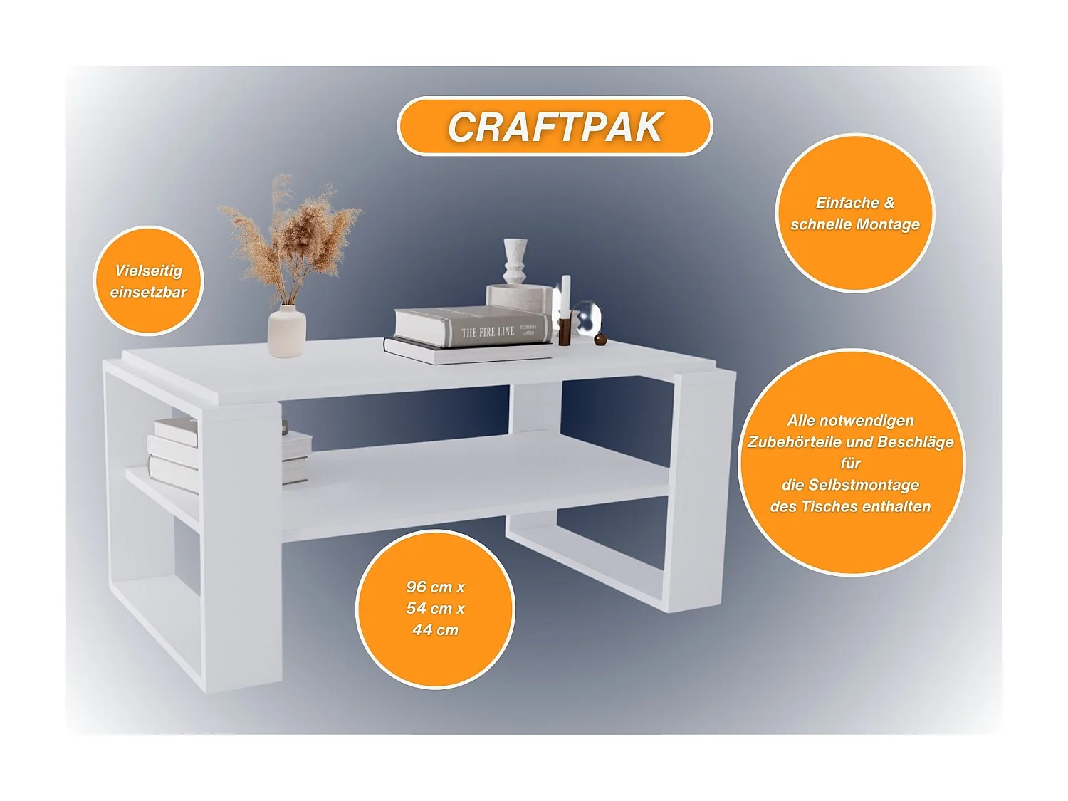 CraftPAK moderner & stabiler Couchtisch für Wohnzimmer aus Holzwerkstoff 42x54x96cm