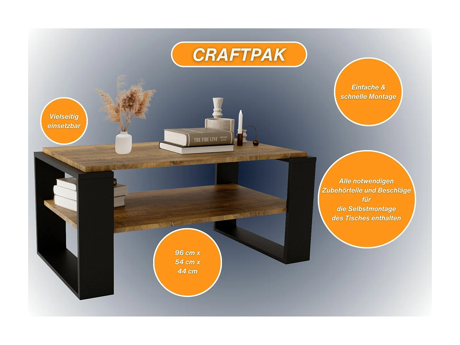 CraftPAK moderner & stabiler Couchtisch für Wohnzimmer aus Holzwerkstoff 42x54x96cm