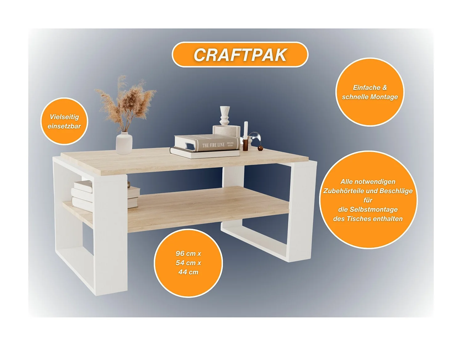 CraftPAK moderner & stabiler Couchtisch für Wohnzimmer aus Holzwerkstoff 42x54x96cm