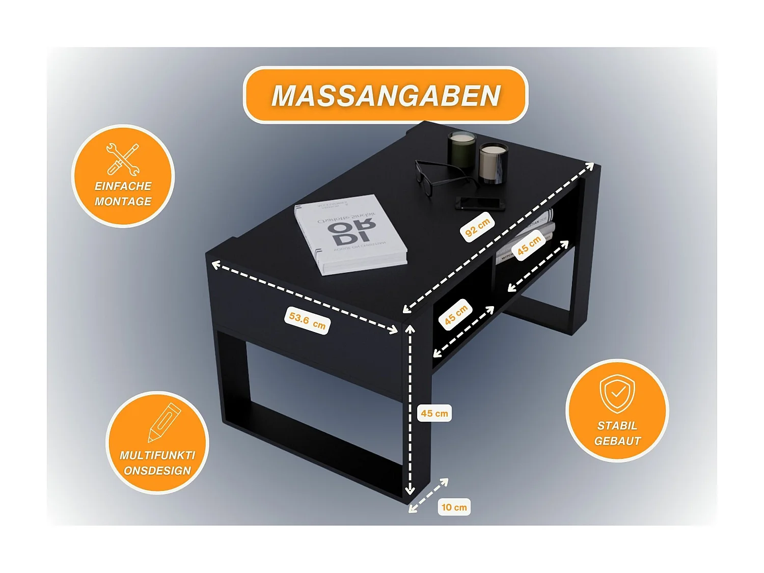 CraftPAK moderner & stabiler Couchtisch für Wohnzimmer aus Holzwerkstoff 45x53,6x92cm
