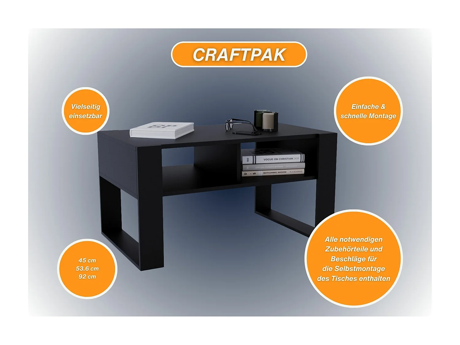 CraftPAK moderner & stabiler Couchtisch für Wohnzimmer aus Holzwerkstoff 45x53,6x92cm