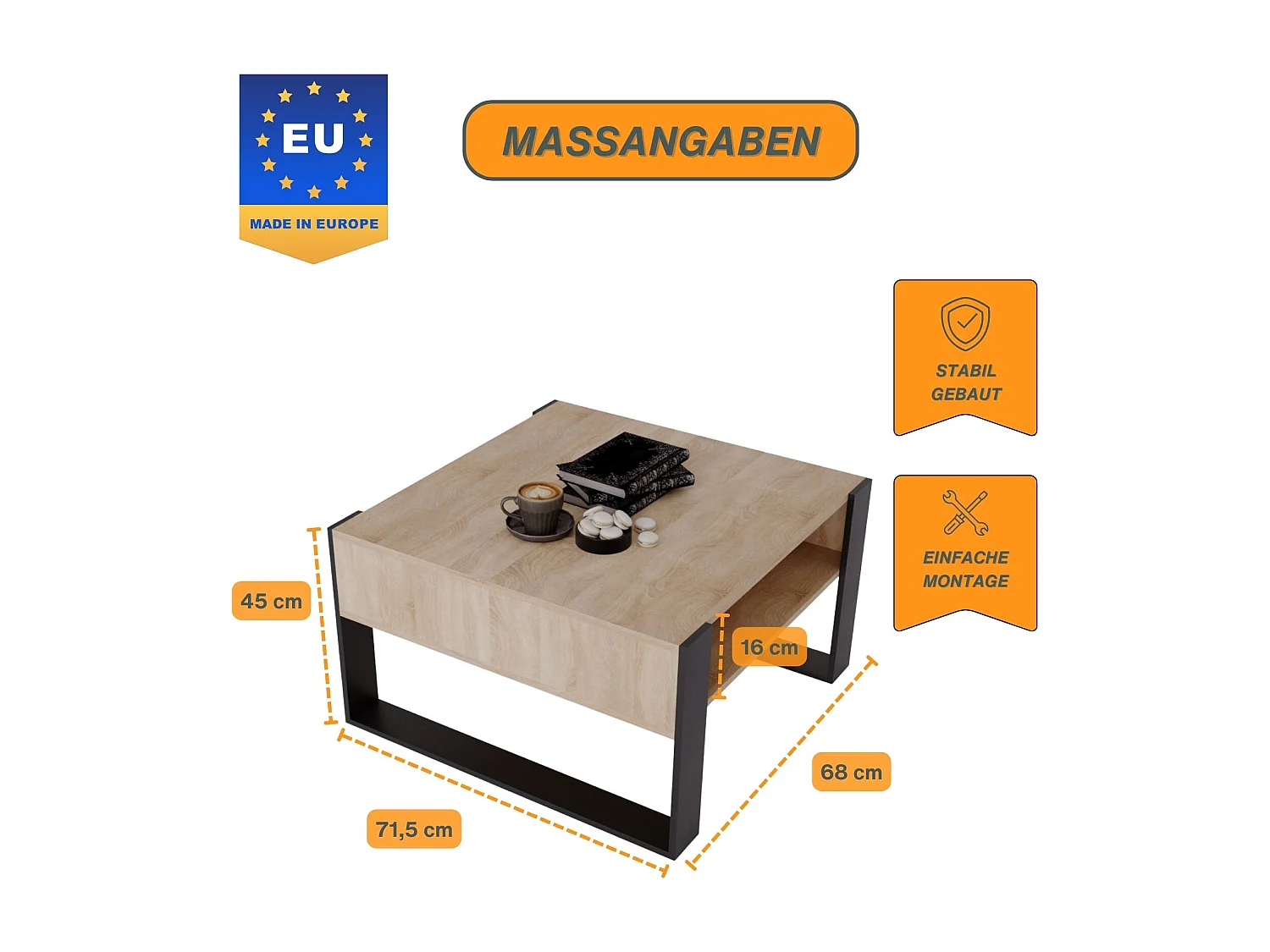 CraftPAK moderner & stabiler Couchtisch für Wohnzimmer aus Holzwerkstoff 45/71.5/68cm