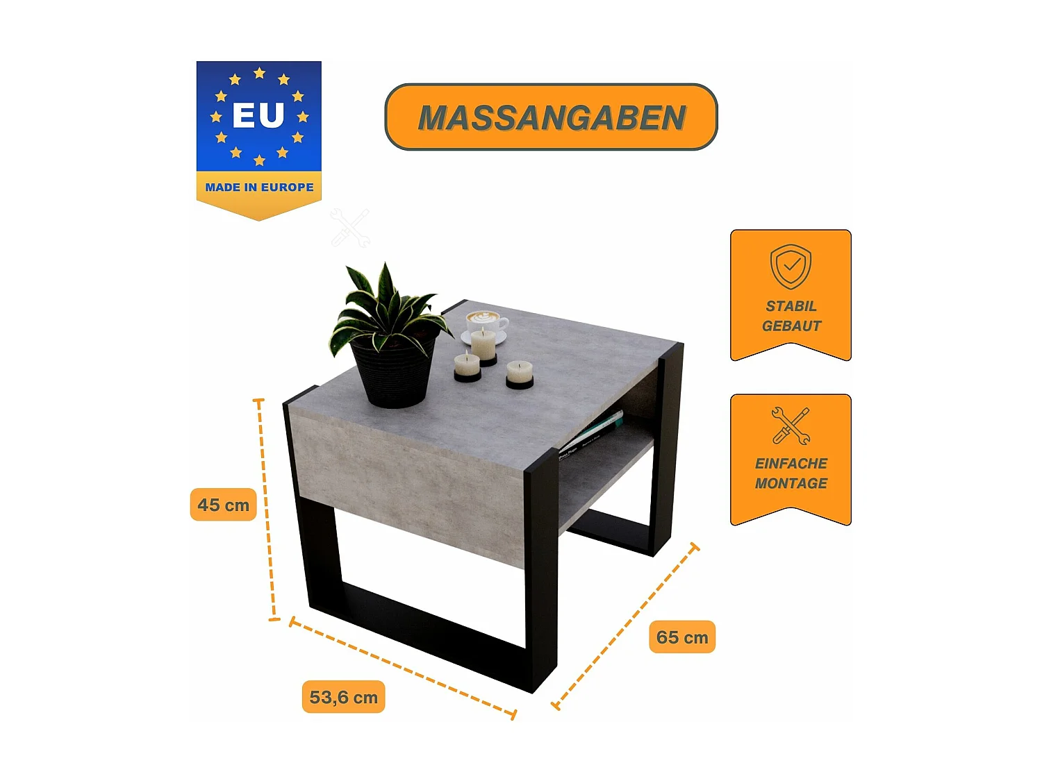 CraftPAK moderner & stabiler Couchtisch für Wohnzimmer aus Holzwerkstoff 45x53,6x65cm