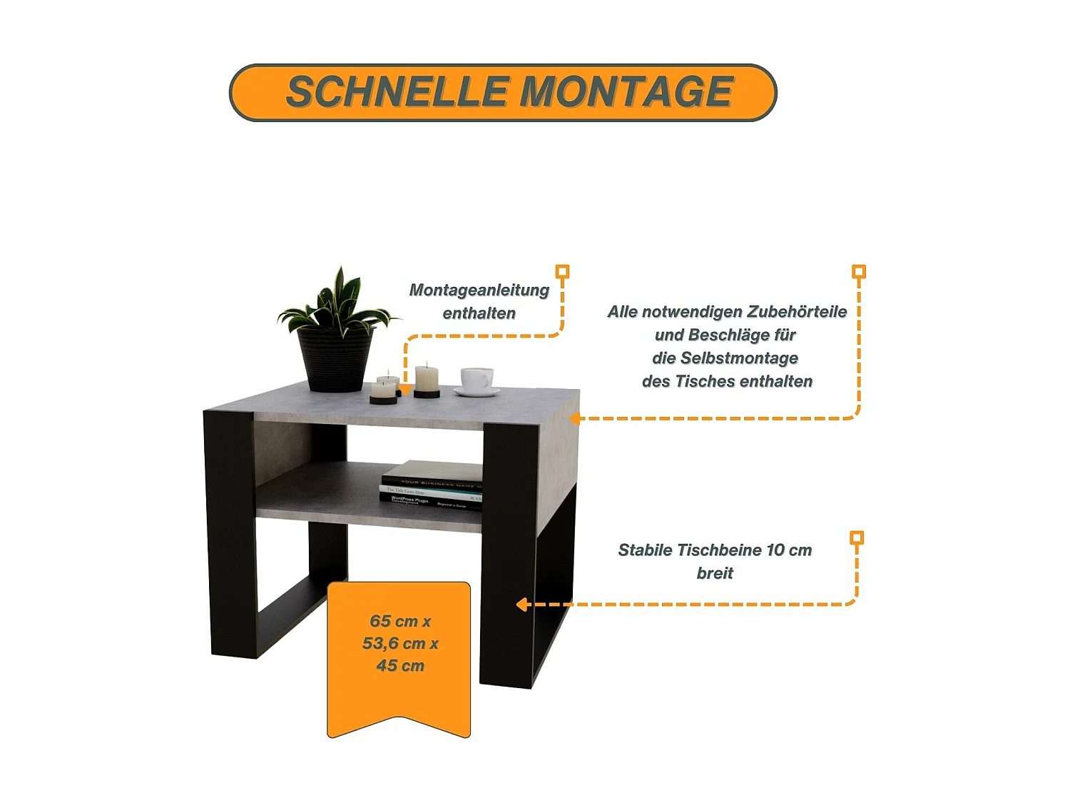 CraftPAK moderner & stabiler Couchtisch für Wohnzimmer aus Holzwerkstoff 45x53,6x65cm