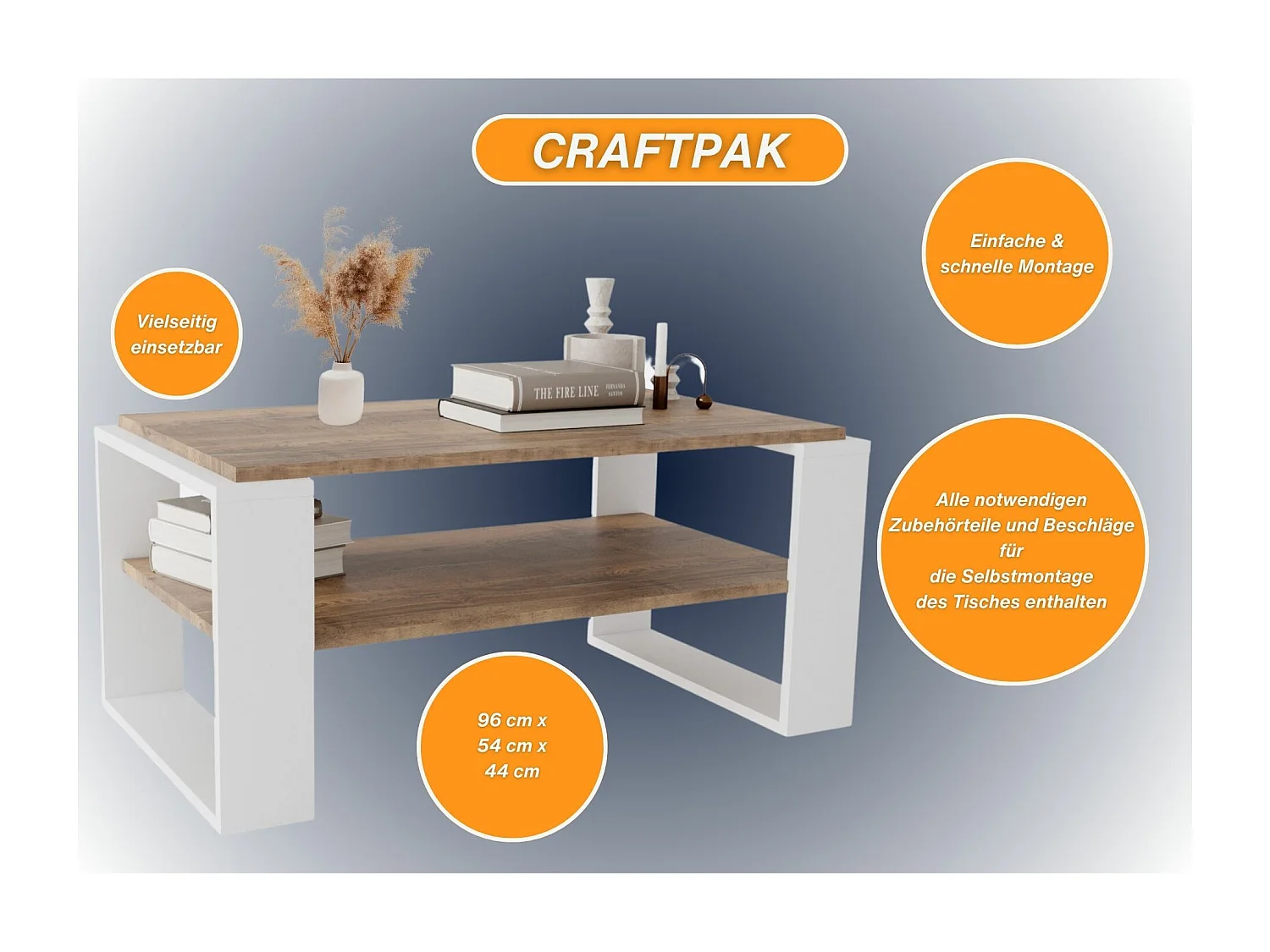 CraftPAK moderner & stabiler Couchtisch für Wohnzimmer aus Holzwerkstoff 42x54x96cm