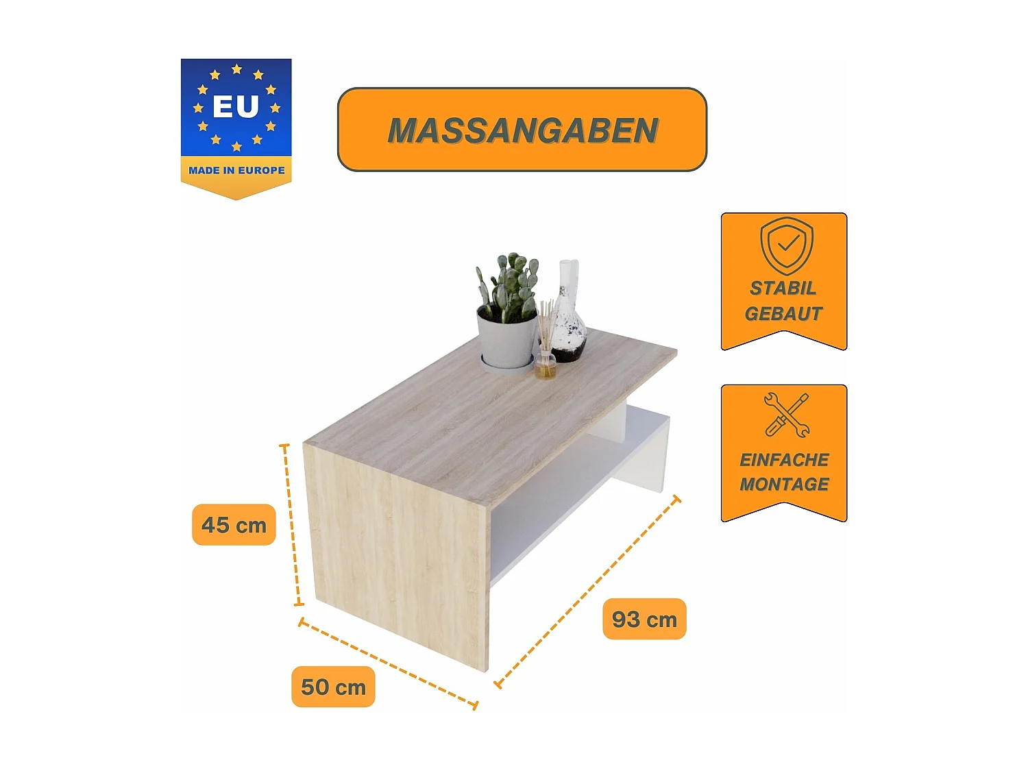 CraftPAK moderner & stabiler Couchtisch für Wohnzimmer aus Holzwerkstoff