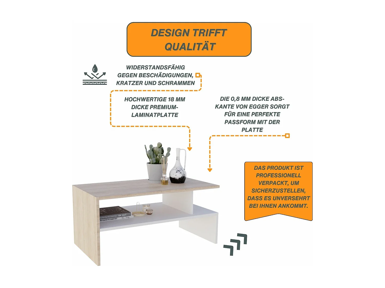 CraftPAK moderner & stabiler Couchtisch für Wohnzimmer aus Holzwerkstoff