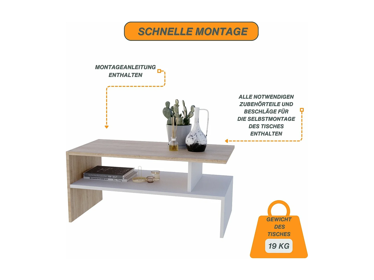 CraftPAK moderner & stabiler Couchtisch für Wohnzimmer aus Holzwerkstoff