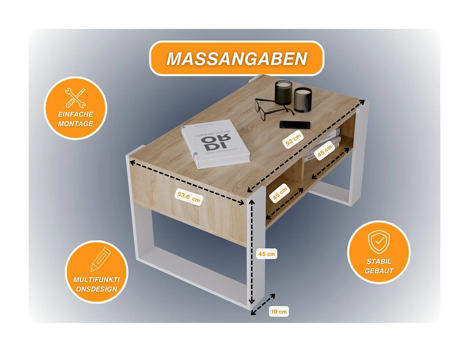 CraftPAK moderner & stabiler Couchtisch für Wohnzimmer aus Holzwerkstoff 45x53,6x92cm
