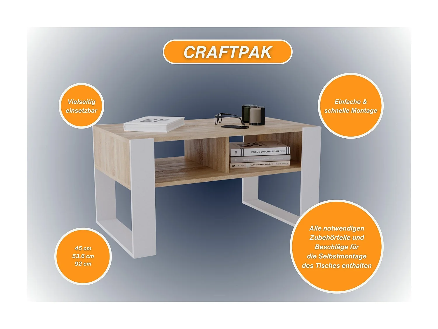 CraftPAK moderner & stabiler Couchtisch für Wohnzimmer aus Holzwerkstoff 45x53,6x92cm