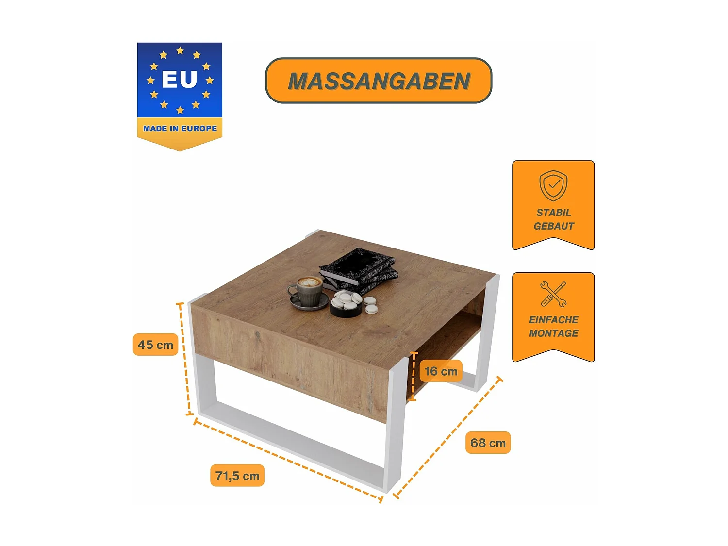 CraftPAK moderner & stabiler Couchtisch für Wohnzimmer aus Holzwerkstoff 45/71.5/68cm