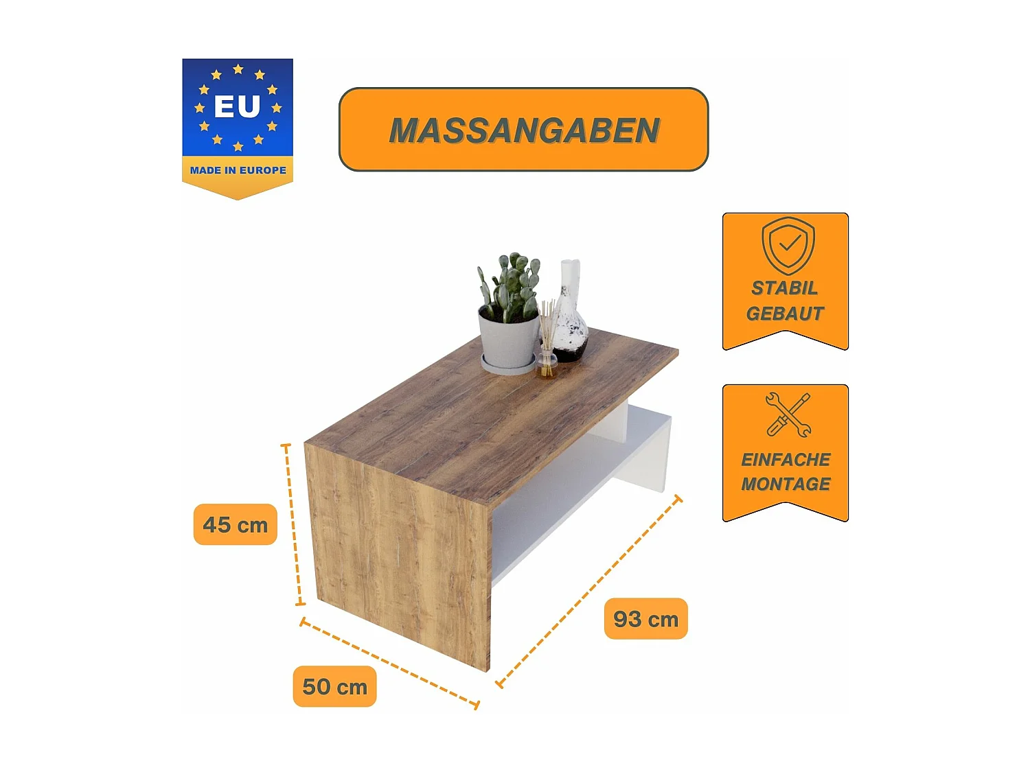 CraftPAK moderner & stabiler Couchtisch für Wohnzimmer aus Holzwerkstoff