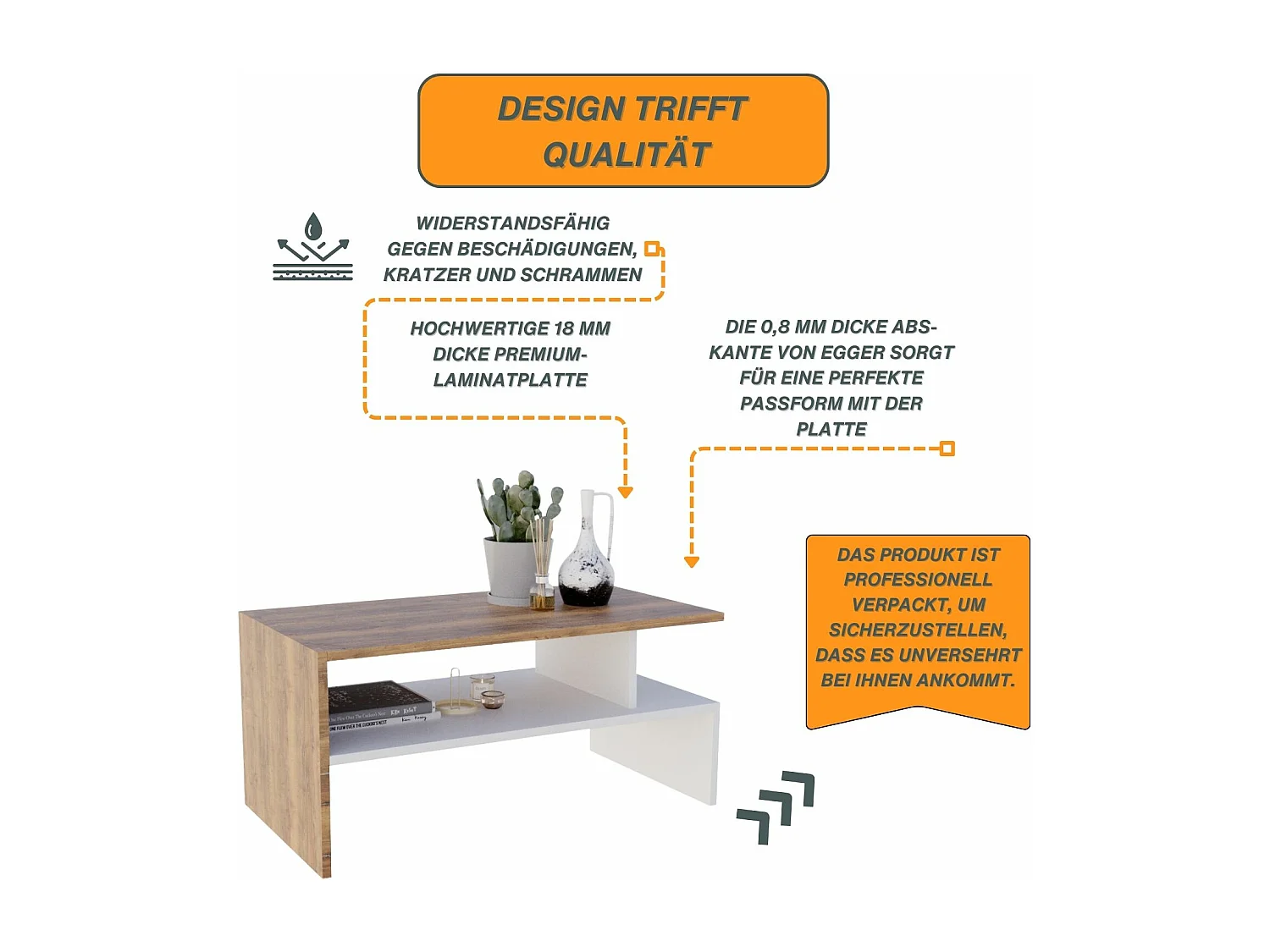 CraftPAK moderner & stabiler Couchtisch für Wohnzimmer aus Holzwerkstoff