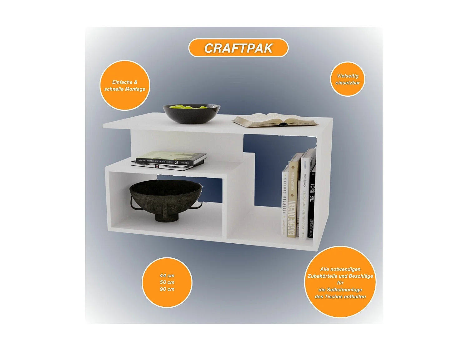 CraftPAK moderner & stabiler Couchtisch für Wohnzimmer aus Holzwerkstoff 44x50x90cm