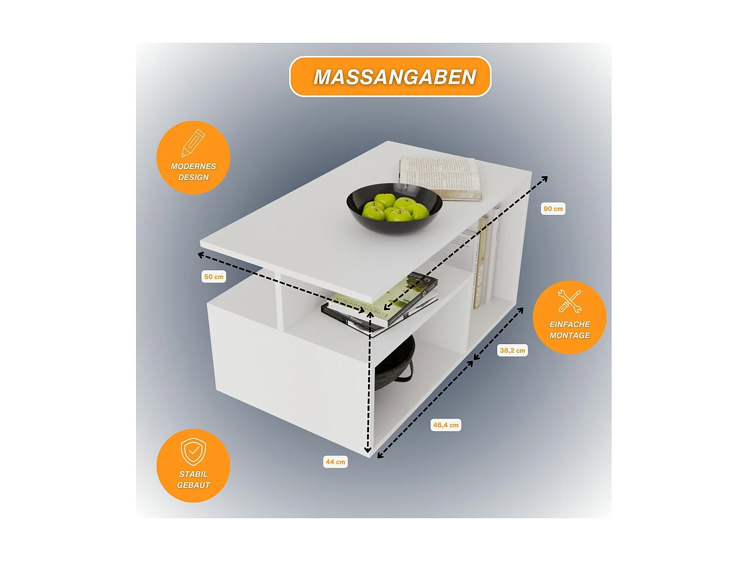 CraftPAK moderner & stabiler Couchtisch für Wohnzimmer aus Holzwerkstoff 44x50x90cm