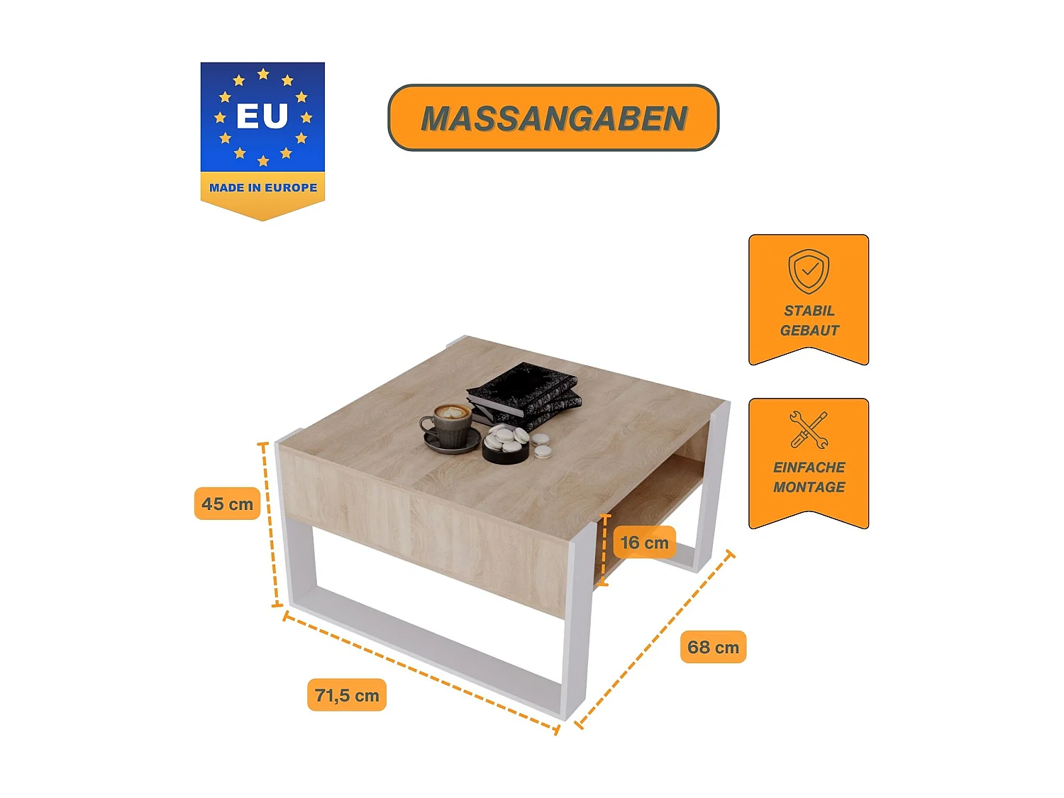 CraftPAK moderner & stabiler Couchtisch für Wohnzimmer aus Holzwerkstoff 45/71.5/68cm