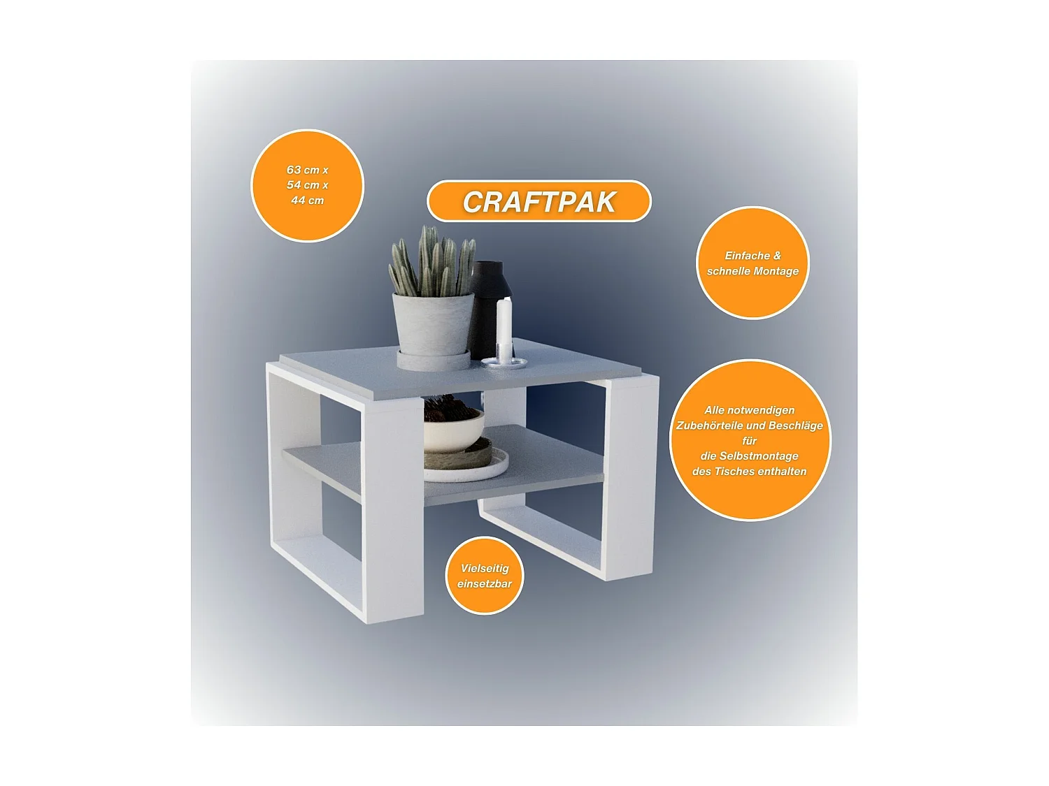 CraftPAK moderner & stabiler Couchtisch für Wohnzimmer aus Holzwerkstoff 44x54x63cm