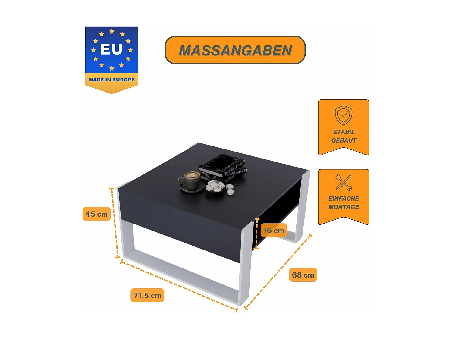 CraftPAK moderner & stabiler Couchtisch für Wohnzimmer aus Holzwerkstoff 45/71.5/68cm