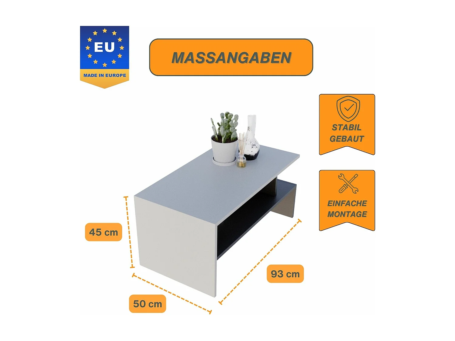 CraftPAK moderner & stabiler Couchtisch für Wohnzimmer aus Holzwerkstoff