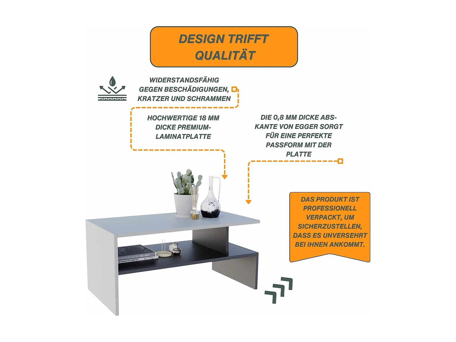 CraftPAK moderner & stabiler Couchtisch für Wohnzimmer aus Holzwerkstoff