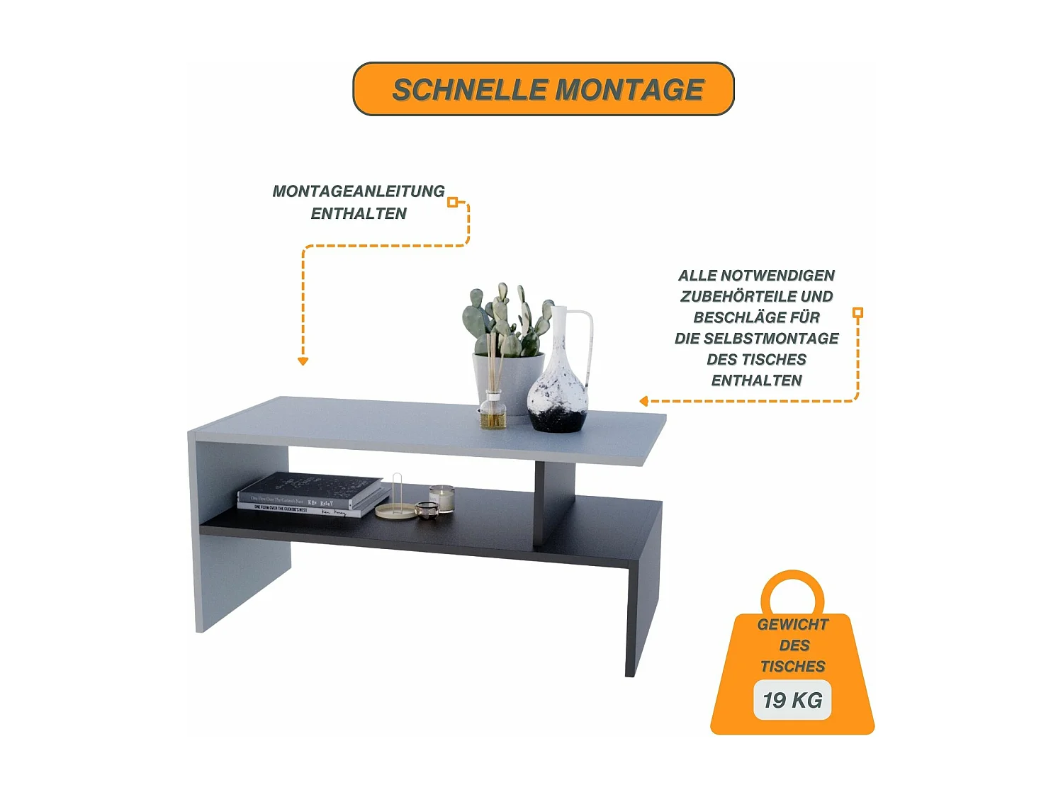 CraftPAK moderner & stabiler Couchtisch für Wohnzimmer aus Holzwerkstoff