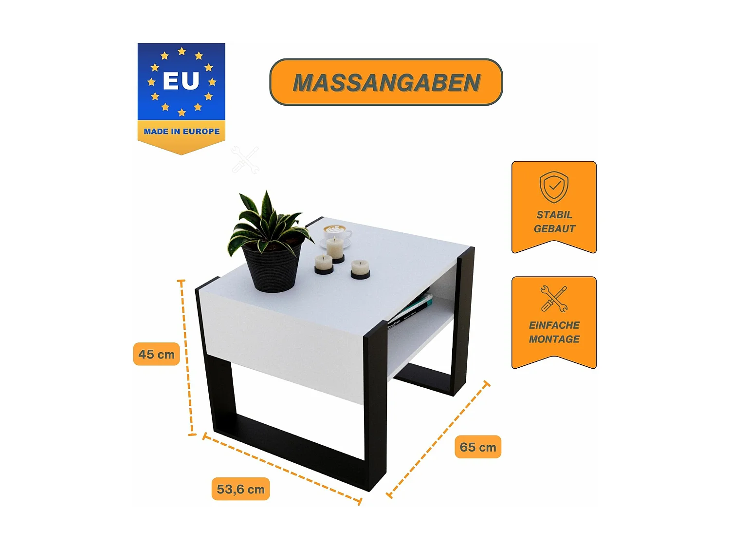 CraftPAK moderner & stabiler Couchtisch für Wohnzimmer aus Holzwerkstoff 45x53,6x65cm