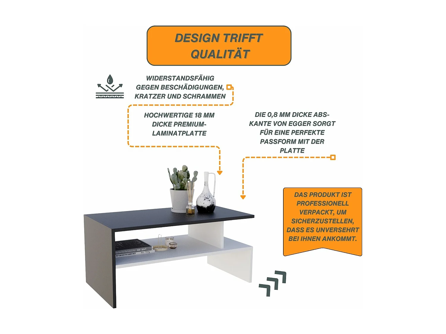 CraftPAK moderner & stabiler Couchtisch für Wohnzimmer aus Holzwerkstoff