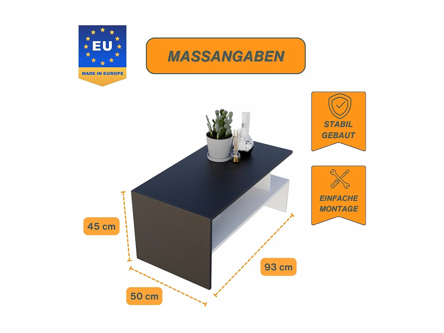 CraftPAK moderner & stabiler Couchtisch für Wohnzimmer aus Holzwerkstoff