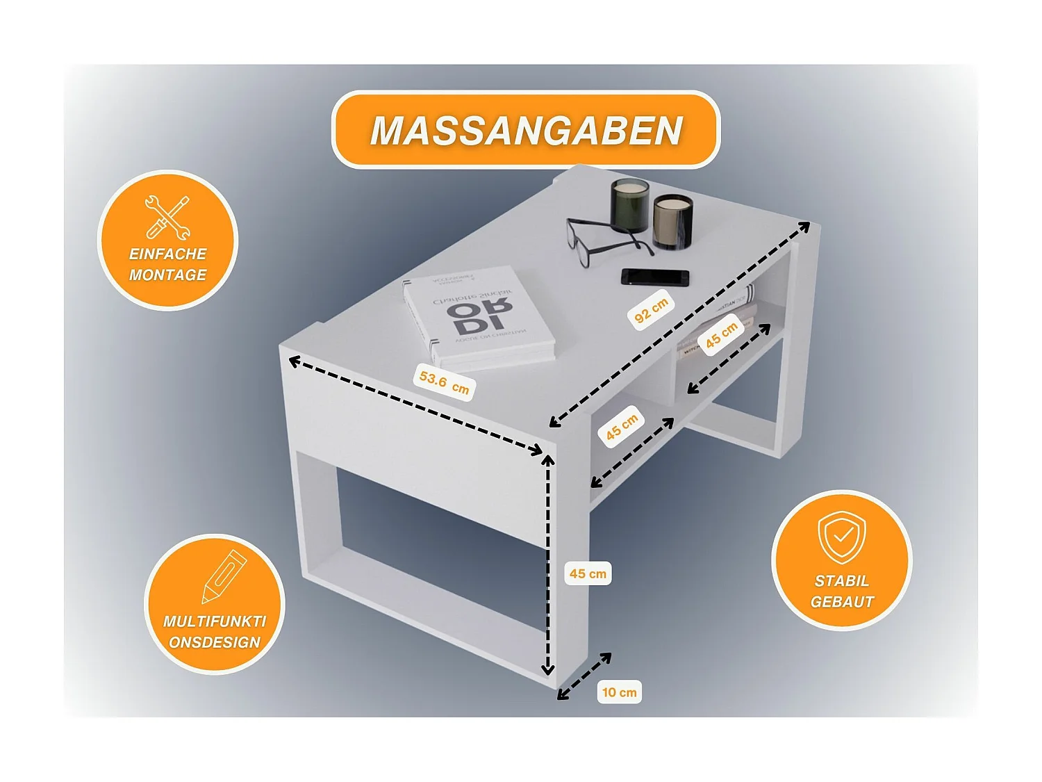CraftPAK moderner & stabiler Couchtisch für Wohnzimmer aus Holzwerkstoff 45x53,6x92cm